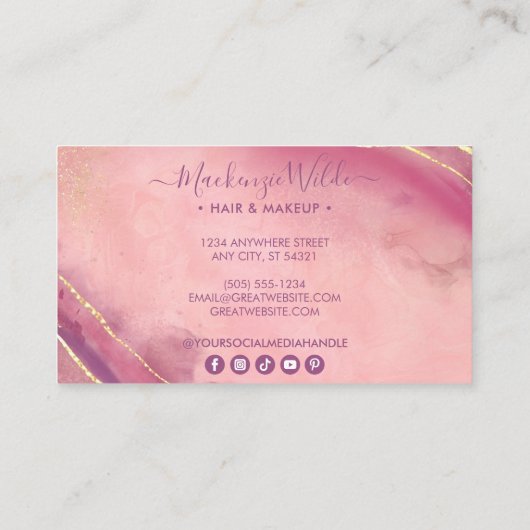 Elegant roze Paars Gold Glitter Marble Agate Chic Visitekaartje (Achterkant)