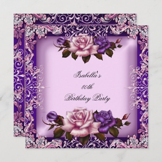 Elegant roze Paars Lila Roos 80e verjaardag Partij Kaart (Voorkant / Achterkant)