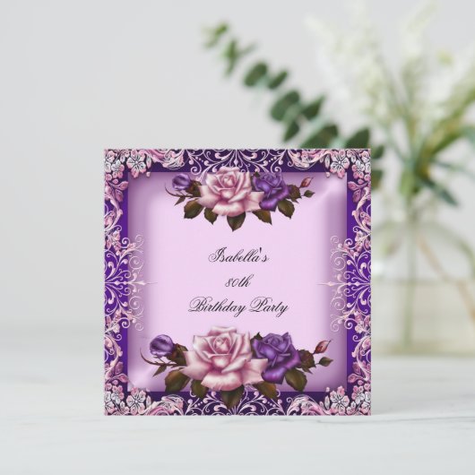 Elegant roze Paars Lila Roos 80e verjaardag Partij Kaart (Staand voorkant)