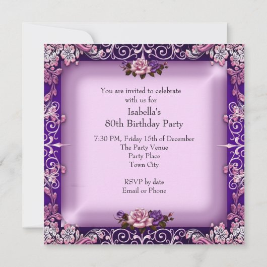 Elegant roze Paars Lila Roos 80e verjaardag Partij Kaart (Achterkant)