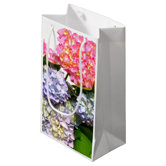 Elegant roze paarse blauw bloemenhortensia boeket klein cadeauzakje (Voorkant Gekanteld)