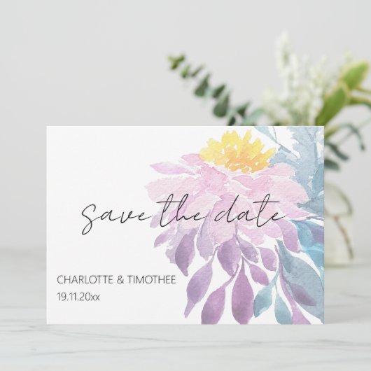 Elegant Roze Paarse Blauw Dahlia Waterverf Art Save The Date (Staand voorkant)