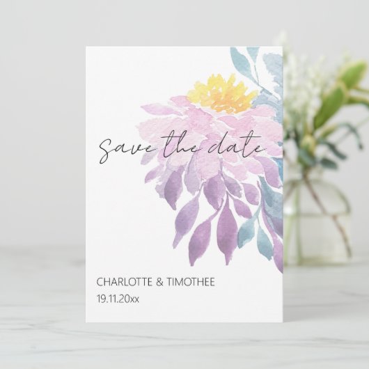 Elegant Roze Paarse Blauw Dahlia Waterverf Art Save The Date (Staand voorkant)