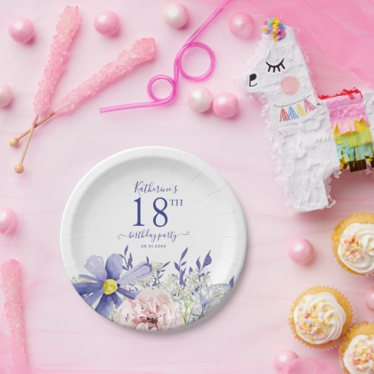Elegant Roze Paarse Bloemen 18e Verjaardagsfeest Papieren Bordje (Feest)