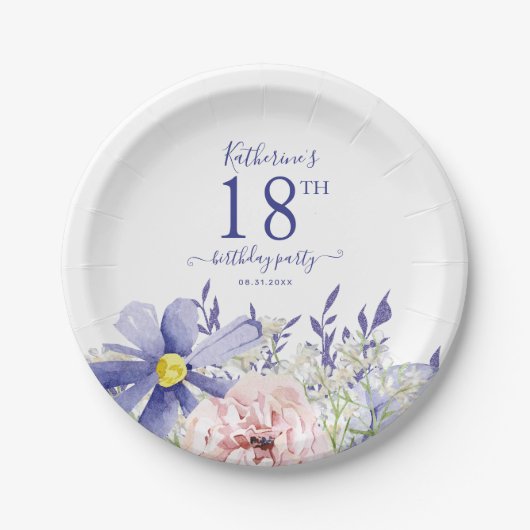 Elegant Roze Paarse Bloemen 18e Verjaardagsfeest Papieren Bordje (Voorkant)