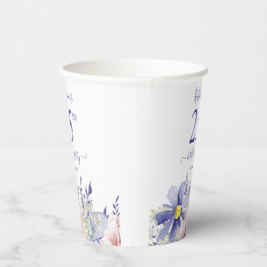 Elegant Roze Paarse Bloemen 25ste Verjaardagsfeest Papieren Bekers (Rechts)