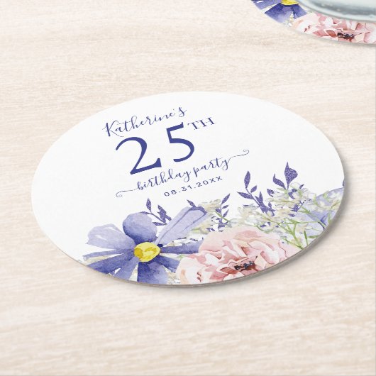 Elegant Roze Paarse Bloemen 25ste Verjaardagsfeest Ronde Kartonnen Onderzetter (Gebogen)