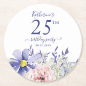 Elegant Roze Paarse Bloemen 25ste Verjaardagsfeest Ronde Kartonnen Onderzetter (Voorkant)