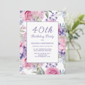 Elegant Roze Paarse Bloemen 40e Verjaardag Kaart (Staand voorkant)