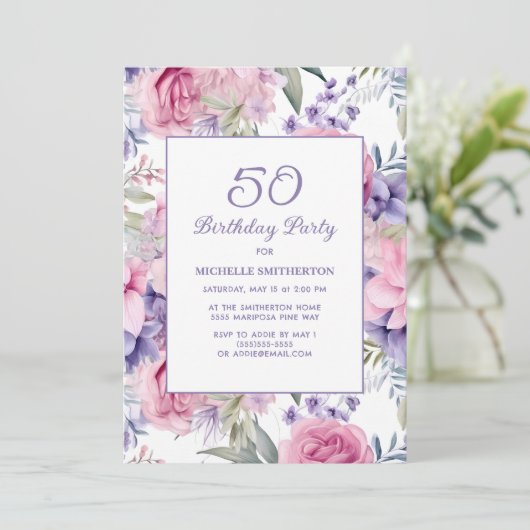 Elegant Roze Paarse Bloemen 50ste Verjaardag Kaart (Staand voorkant)
