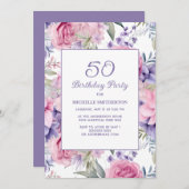 Elegant Roze Paarse Bloemen 50ste Verjaardag Kaart (Voorkant / Achterkant)