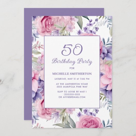 Elegant Roze Paarse Bloemen 50ste Verjaardag Kaart (Voorkant / Achterkant)
