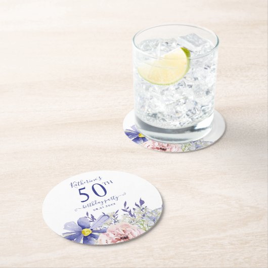 Elegant Roze Paarse Bloemen 50ste Verjaardagsfeest Ronde Kartonnen Onderzetter (Insitu)