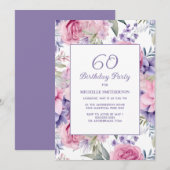 Elegant Roze Paarse Bloemen 60ste Verjaardag Kaart (Voorkant / Achterkant)
