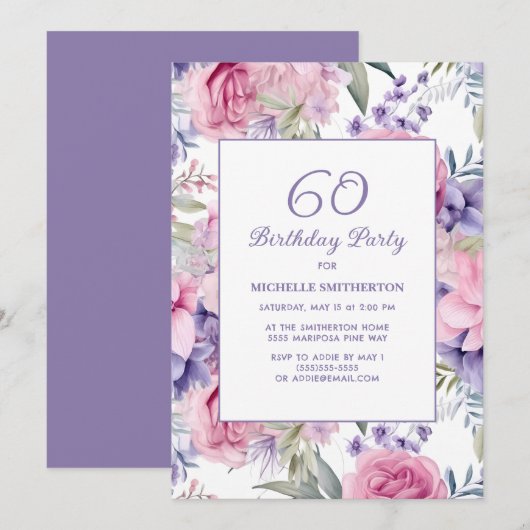 Elegant Roze Paarse Bloemen 60ste Verjaardag Kaart (Voorkant / Achterkant)