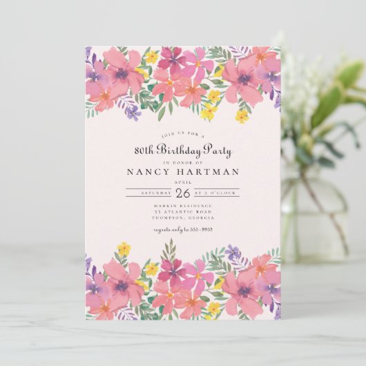 Elegant Roze Paarse Bloemen 80ste Verjaardagsfeest Kaart (Staand voorkant)