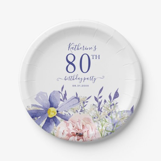 Elegant Roze Paarse Bloemen 80ste Verjaardagsfeest Papieren Bordje (Voorkant)