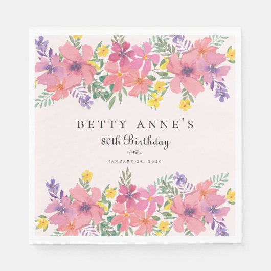 Elegant Roze Paarse Bloemen 80ste Verjaardagsfeest Servet (Voorkant)