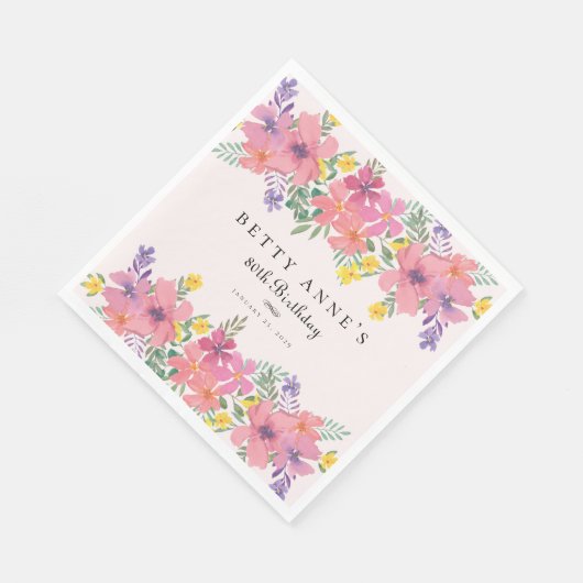 Elegant Roze Paarse Bloemen 80ste Verjaardagsfeest Servet (Hoek)