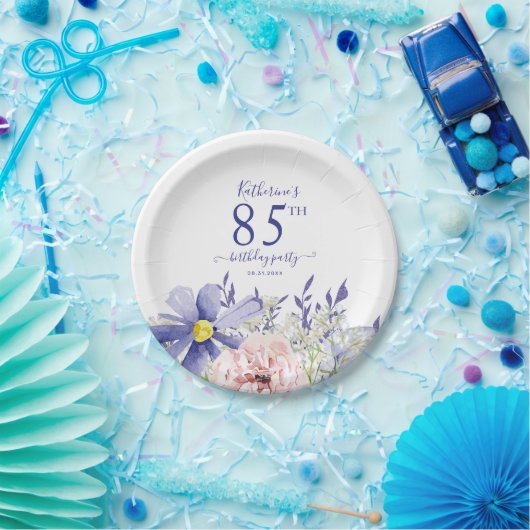 Elegant Roze Paarse Bloemen 85ste Verjaardagsfeest Papieren Bordje (Feest)