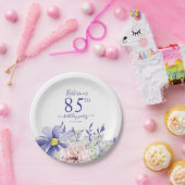 Elegant Roze Paarse Bloemen 85ste Verjaardagsfeest Papieren Bordje (Feest)