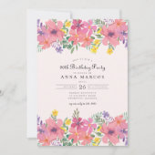 Elegant Roze Paarse Bloemen 90ste Verjaardagsfeest Kaart (Voorkant)