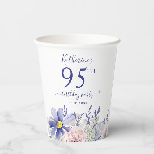 Elegant Roze Paarse Bloemen 95ste Verjaardagsfeest Papieren Bekers (Achterkant)