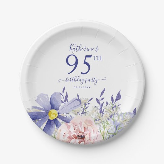 Elegant Roze Paarse Bloemen 95ste Verjaardagsfeest Papieren Bordje (Voorkant)