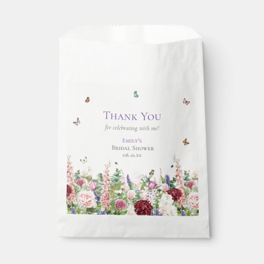 Elegant roze paarse bloemen en botervliegen bedankzakje (Voorkant)