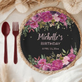 Elegant Roze Paarse Bloemen Glitter Zwart Verjaard Papieren Bordje