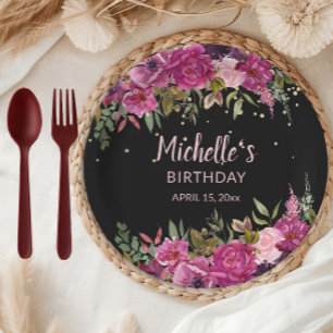 Elegant Roze Paarse Bloemen Glitter Zwart Verjaard Papieren Bordje