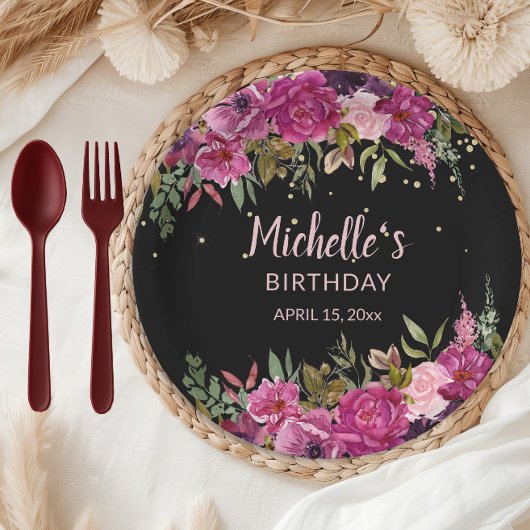 Elegant Roze Paarse Bloemen Glitter Zwart Verjaard Papieren Bordje