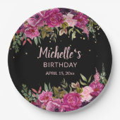 Elegant Roze Paarse Bloemen Glitter Zwart Verjaard Papieren Bordje (Voorkant)