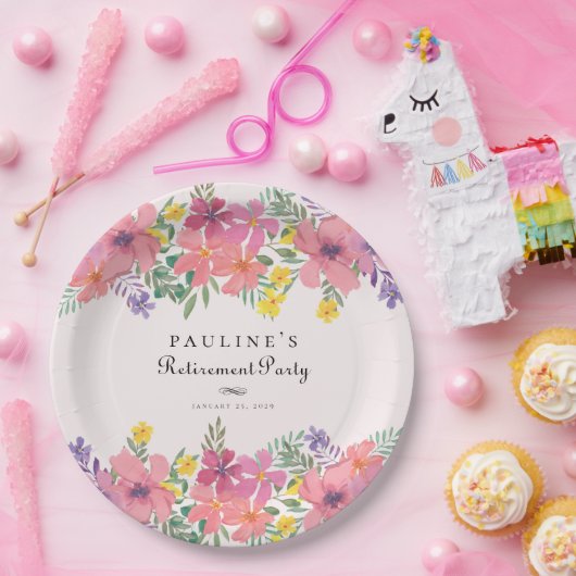 Elegant Roze Paarse Bloemen Pensioen Partij Papieren Bordje (Feest)