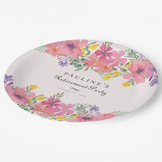 Elegant Roze Paarse Bloemen Pensioen Partij Papieren Bordje (Gekanteld)