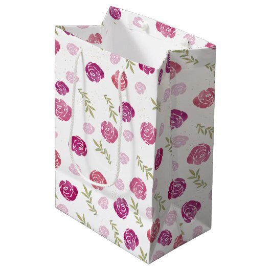 Elegant Roze & Paarse Bloemen Rozen Bladeren Medium Cadeauzakje (Voorkant Gekanteld)