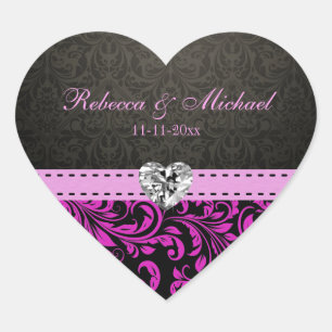Elegant Roze Paarse Damast Bruid & bruidegom stick Hart Sticker