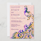 Elegant roze Paarse Faux Glitter Peacock Wedding Kaart (Voorkant)