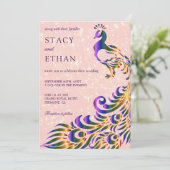 Elegant roze Paarse Faux Glitter Peacock Wedding Kaart (Staand voorkant)