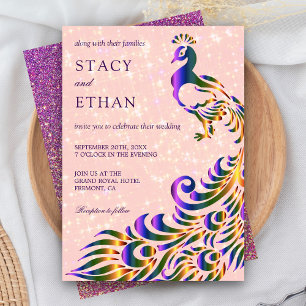 Elegant roze Paarse Faux Glitter Peacock Wedding Kaart