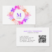 Elegant Roze Paarse Floral Monogram QR Code Visitekaartje (Voorkant / Achterkant)