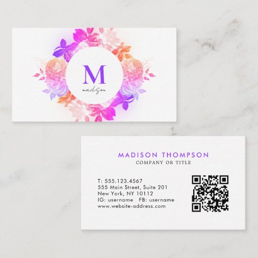 Elegant Roze Paarse Floral Monogram QR Code Visitekaartje (Voorkant / Achterkant)