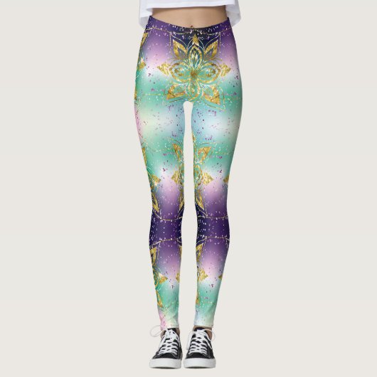 Elegant Roze paarse groene feestdag Snowflakes ste Leggings (Voorkant)