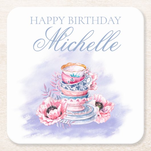 Elegant Roze Paarse Happy Birthday Tea Party Kartonnen Onderzetters (Voorkant)