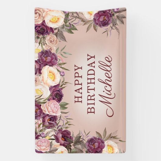 Elegant Roze Paarse  Peonies Happy Birthday Spandoek (Verticaal)