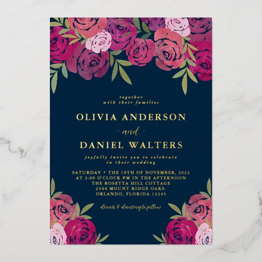 Elegant Roze & Paarse Rozen Blauw Bruiloft Goud Folie Uitnodiging (Voorkant)
