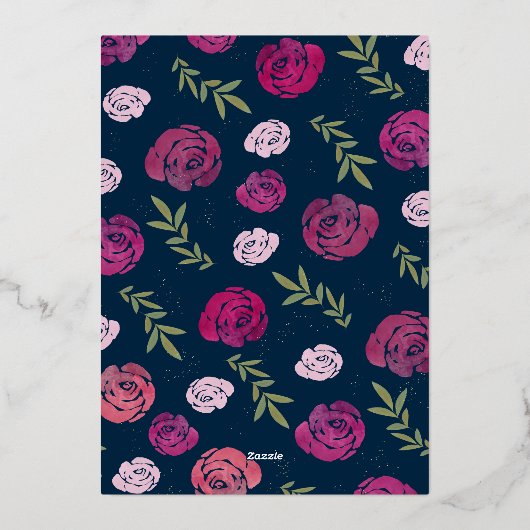 Elegant Roze & Paarse Rozen Blauw Bruiloft Goud Folie Uitnodiging (Achterkant)