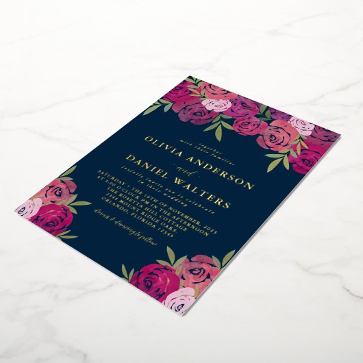 Elegant Roze & Paarse Rozen Blauw Bruiloft Goud Folie Uitnodiging (Gedraaid)