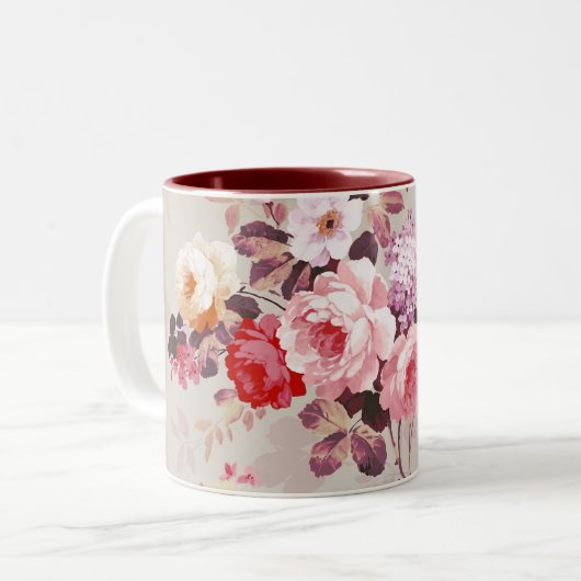  Elegant Roze Paarse Rozen Patroon Tweekleurige Koffiemok (Voorkant links)