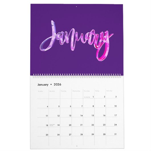 Elegant Roze Paarse Script Typografie Modern Kalender (Jan 2026)